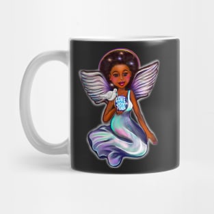 Angel with dove love joy and peace iii - Black angel of peace ! With glow, Afro hair, green eyes, Cherry pink lips and dark brown skin. Hair love ! Mug